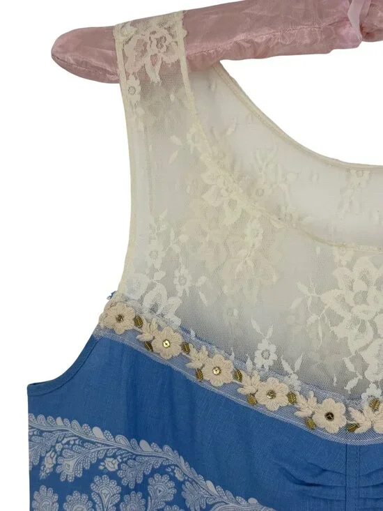 VTG Free People Crystallized Linen Crochet Lace Yoke Paisley Mini Shift Dress 10 - Picture 12 of 16